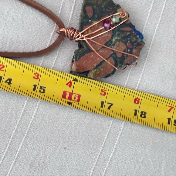 Artisan Wire Wrapped Jasper Bold Stone Pendant Necklace Handmade on Leather Cord - Picture 9 of 10